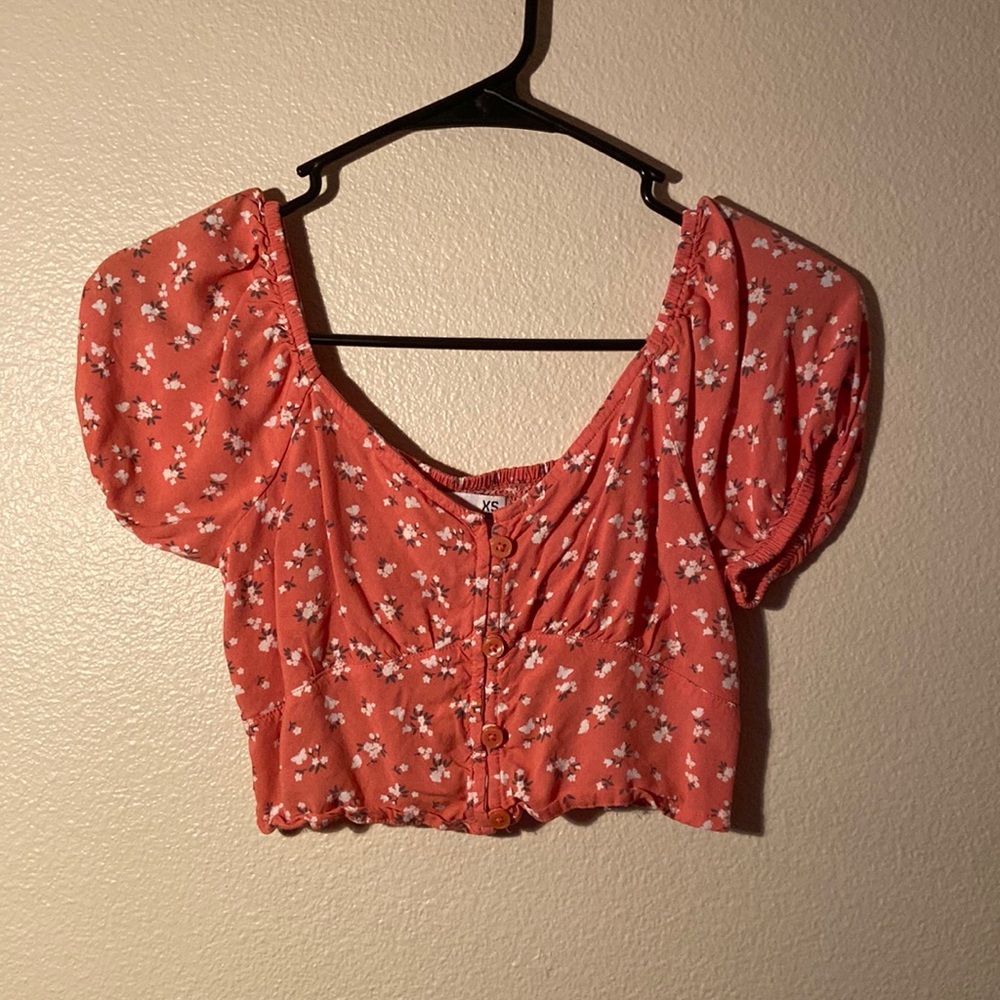 orange floral puff sleeve crop top